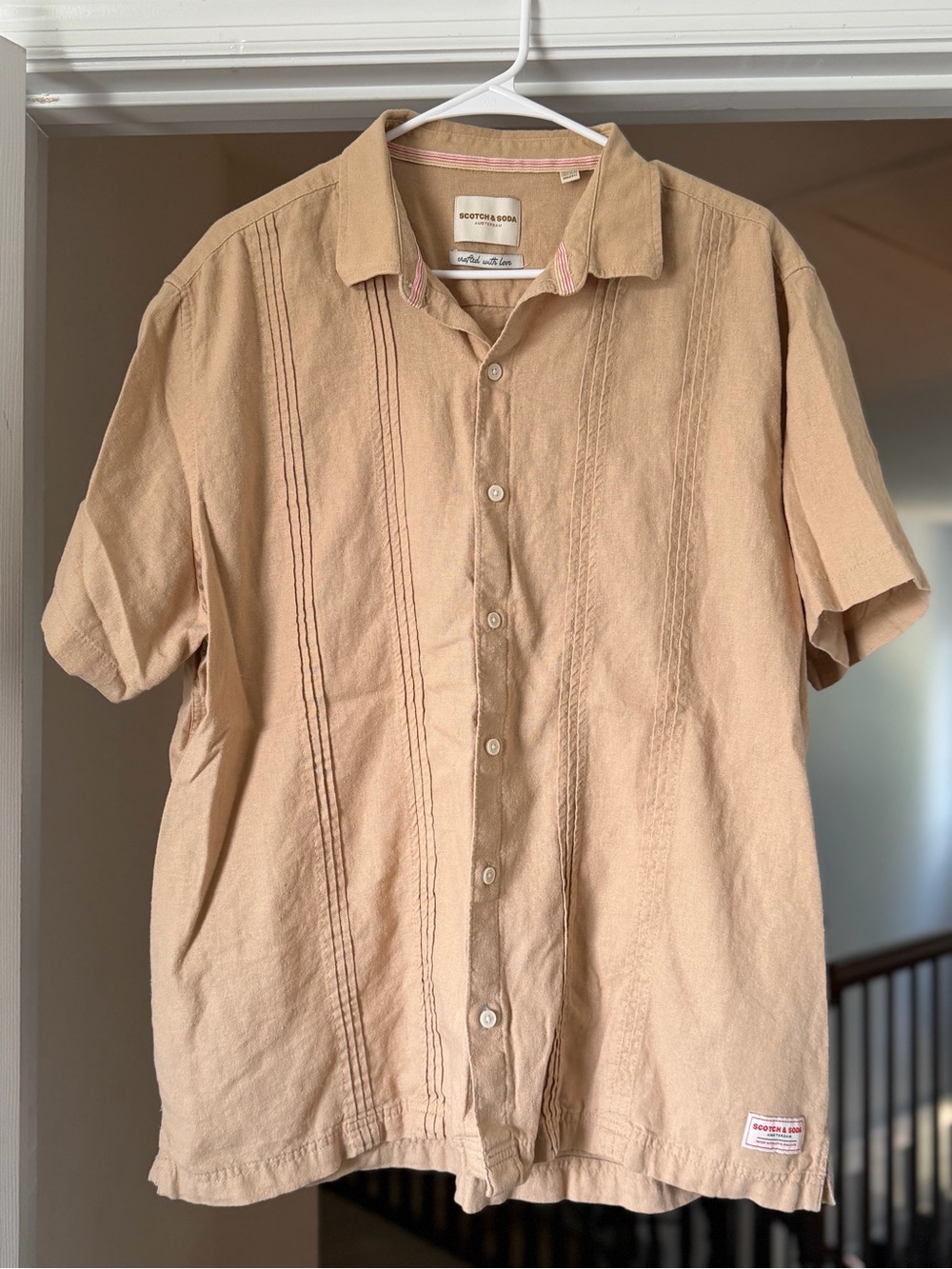 Scotch & Soda Linen Blend Pintuck Short Sleeve Shirt Tan XL